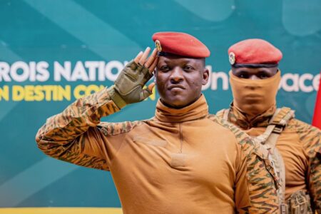 Ibrahim Traoré opening ceremony Centre international Bamako Conference (CICB). President Burkina Faso, Captain Ibrahim TRAORÉ salutes at the opening ceremony of the 2nd session of the College of Heads of State of the Confederate, at the Centre international Bamako Conference (CICB).