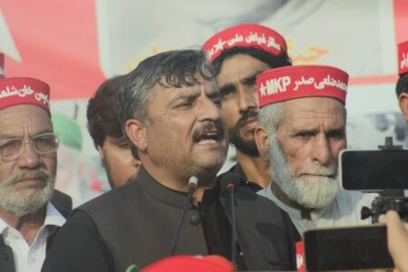 Left-wing MKP leader speaking at a rally in Pakistan Left-wing Mazdoor Kisan Party chairman, Salar Faiyaz Ali, speaks at a rally in Pakistan