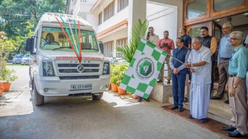 Kerala CM Pinarayi Vijayan at the launch of the Institute of Advanced Virology's Mobile Outbreak Testing Unit