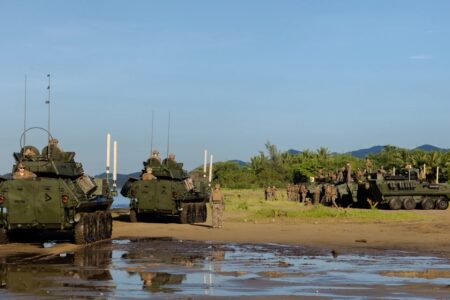 Puerto Rico being remilitarized by US U.S. Marines with Battalion Landing Team 3/6, 22nd Marine Expeditionary Unit (Special Operations Capable), stage light armored vehicles ashore in Arroyo, Puerto Rico, September 22, 2025.