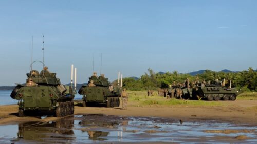 U.S. Marines with Battalion Landing Team 3/6, 22nd Marine Expeditionary Unit (Special Operations Capable), stage light armored vehicles ashore in Arroyo, Puerto Rico, September 22, 2025.