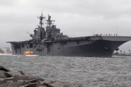 Amphibious assault ship USS Iwo Jima (LHD 7) departs Naval Station Mayport in preparation of Hurricane Matthew’s arrival onto Florida’s eastern coast. Amphibious assault ship USS Iwo Jima (LHD 7) departs Naval Station Mayport in preparation of Hurricane Matthew’s arrival onto Florida’s eastern coast.