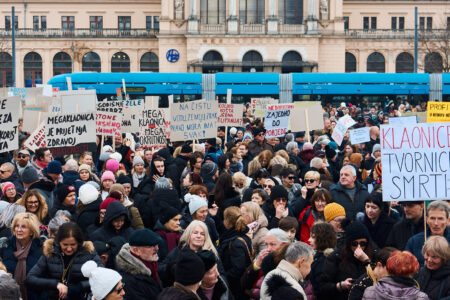 Chicken mega farm protest Croatia Protest in Zagreb, February 21, 2026. Source: Friends of the Earth Croatia/Facebook
