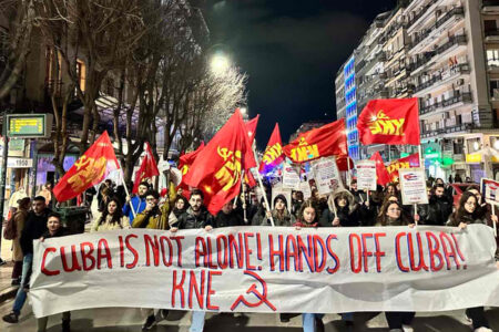 Thessaloniki Cuba protest 2026 KNE during a Cuba solidarity march in Thessaloniki, February 2026. Source: Communist Party of Greece/X