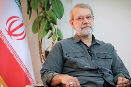 Iran's top security official, Dr. Ali Larijani Iran's top security official, Dr. Ali Larijani, sits in front of Iranian flag and a rubber plant
