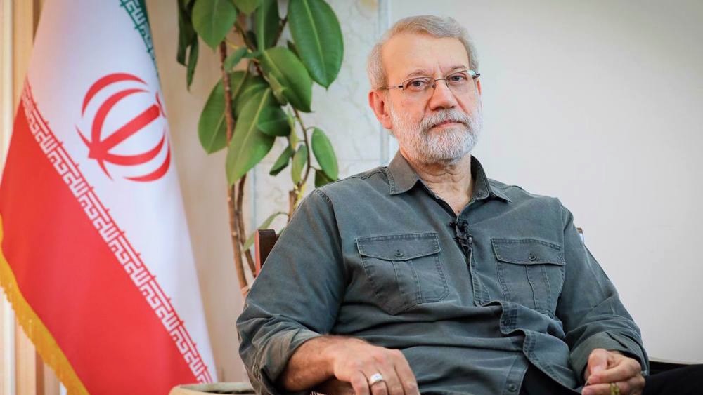Iran's top security official, Dr. Ali Larijani, sits in front of Iranian flag and a rubber plant