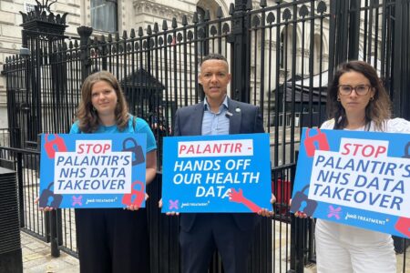 Just Treatment Palantir Activists during 2023 action against Palantir involvement in NHS; source: Just Treatment/Facebook