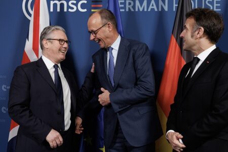 Keir Starmer Merz Macron Prime Minister Keir Starmer, French President Emmanuel Macron, and German Chancellor Frederich Merz at the Munich Security Conference in February 2026. Photo: No. 10 Downing Street