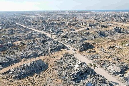 An_aerial_view_showing_destruction_in_Rafah_after_Israeli_forces_withdrawal_and_as_the_ceasefire_took_hold,_Gaza_Strip Aerial view of the destruction of Rafah
