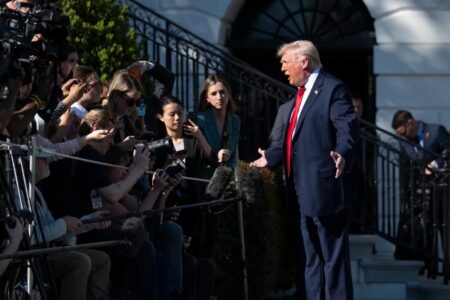 Donald trump (1) US President Donald J. Trump speaks to reporters outside White House