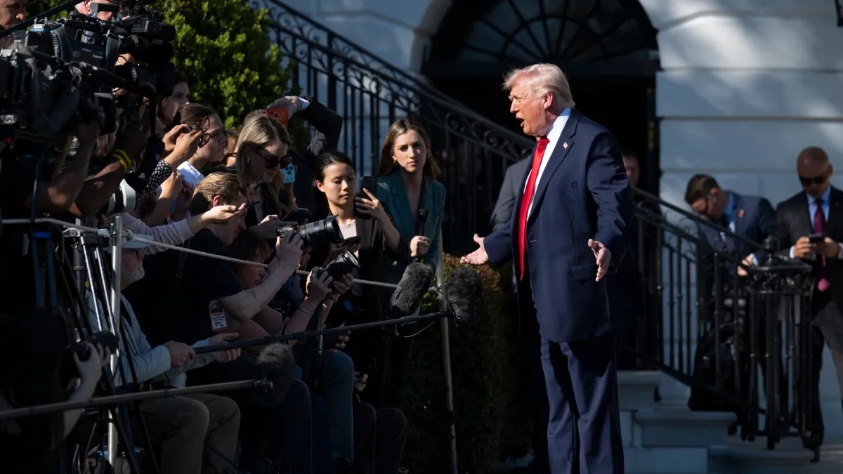 US President Donald J. Trump speaks to reporters outside White House