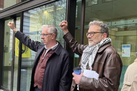 Jamal Nineham PSC Chris Nineham and Ben Jamal after the delivery of the court decision. Source: Palestine Solidarity Campaign/X
