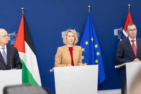 Kaja Kallas Palestine flag On Monday, April 20, EU High Representative Kaja Kallas took part in discussions allegedly concerned with securing peace for Palestine. A day later, she announced there was "no unanimity" on the proposal to suspend the EU-Israel Association Agreement. Photo source: European Union