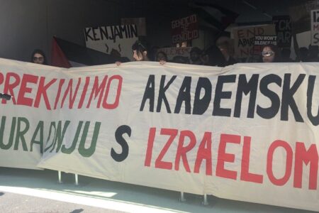 Zagreb students protest Netanyahu 1 Students holding banner: "End academic cooperation with Israel". Source: Peoples Dispatch