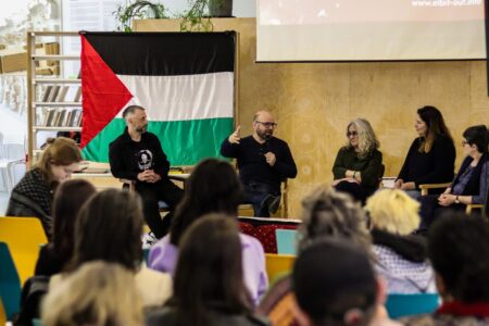 Romania PSCJ 1 Speakers from Elbit Out! campaign, Shadow World Investigations, Căși Sociale ACUM!, transform! europe and ENAAT during a panel. Source: Elbit Out! campaign/Andreea Vlădulescu
