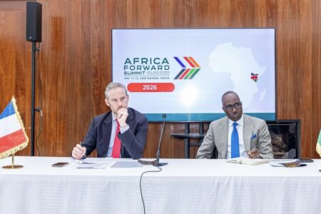 africa forward summit Kenya 2 Dr. Korir Sing’Oei, of Kenya's Department for Foreign Affairs, with French Ambassador to Kenya and Somalia Arnaud Suquet. Photo: Kenyan Foreign Ministry